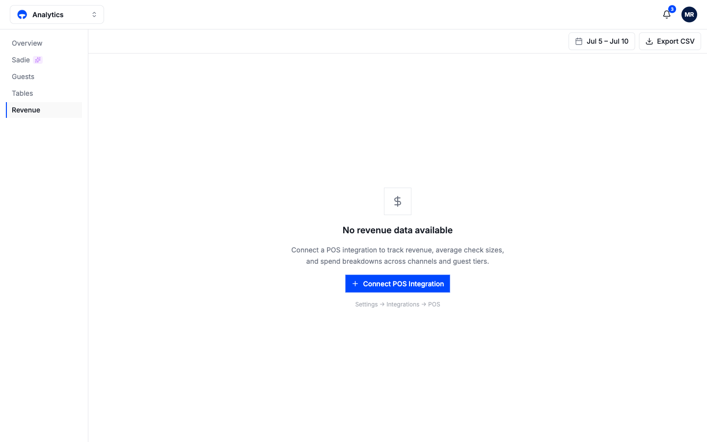 The Revenue tab before a POS is connected, pointing at the integrations page