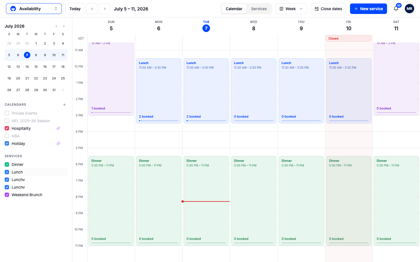 The week view with colored service blocks across the grid and the sidebar on the left