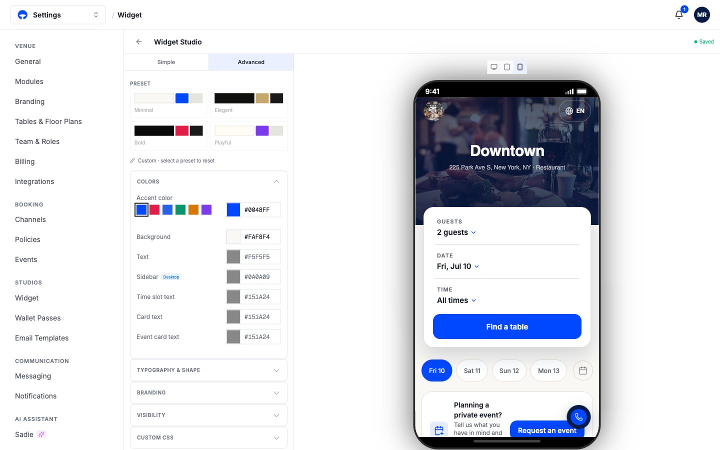 The Widget Studio Advanced tab with per-element colors and the typography, visibility, and custom CSS sections