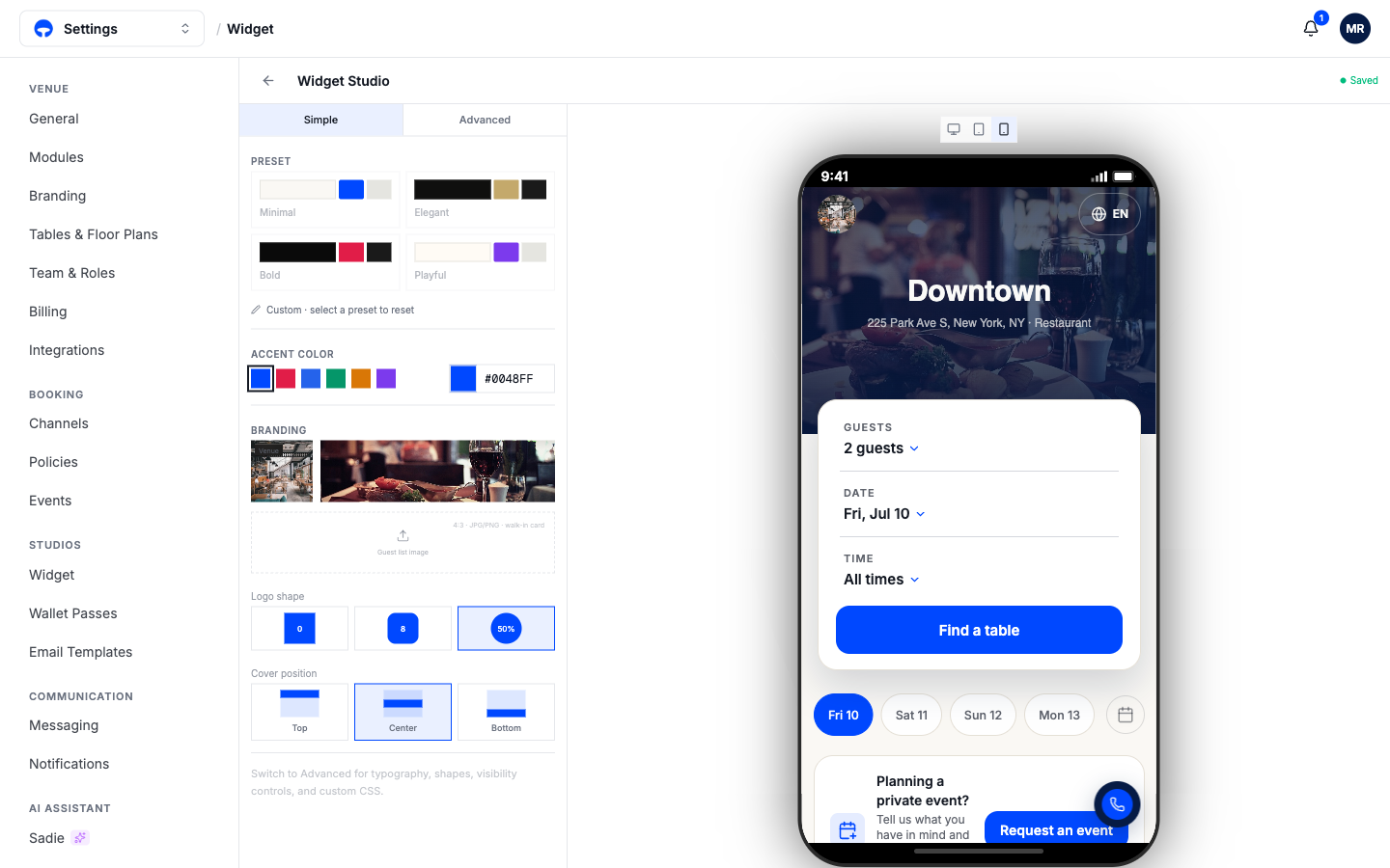 The Widget Studio Simple tab with presets, accent color, and branding beside the phone preview