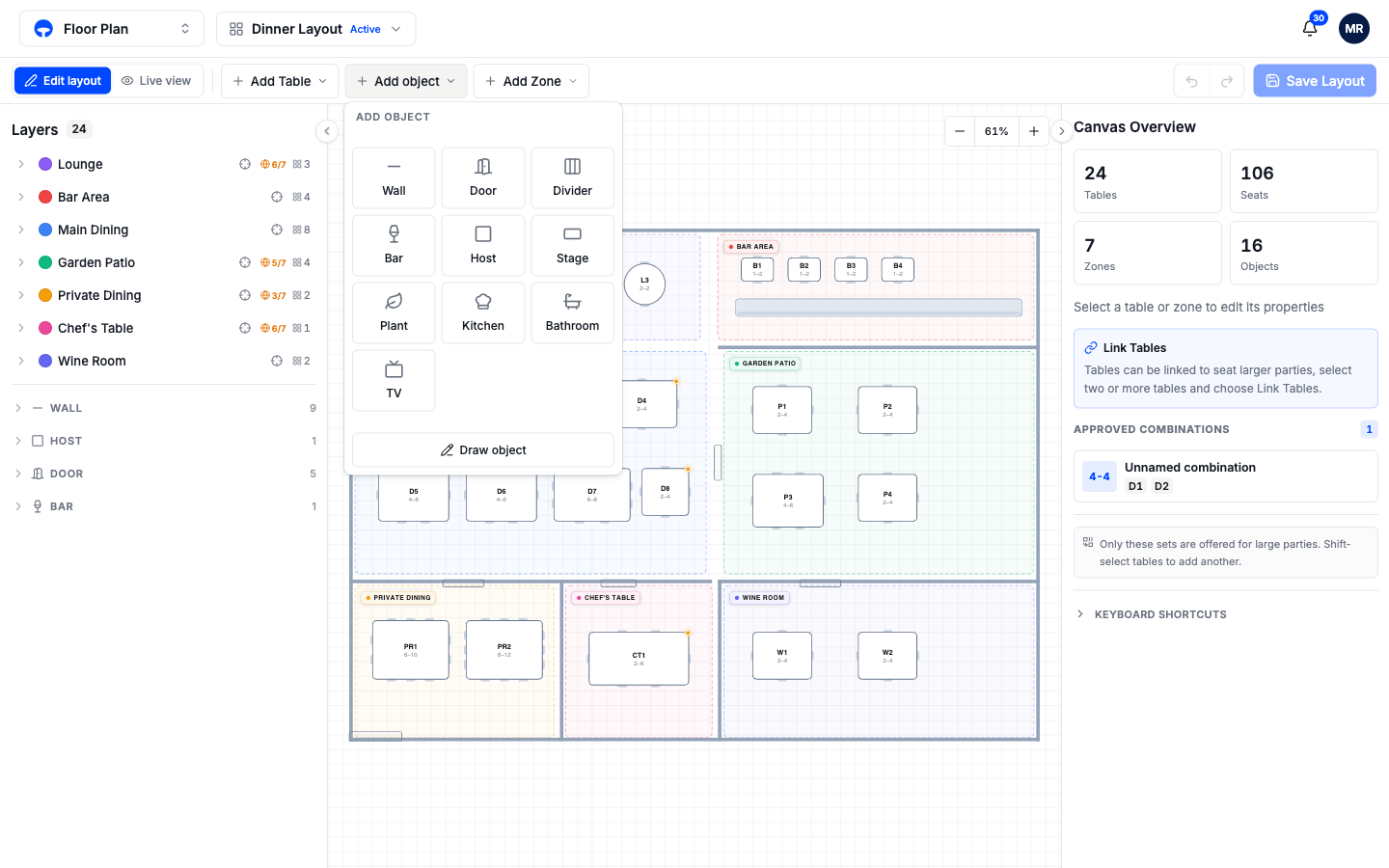The Add object panel with ten object types and the Draw object option