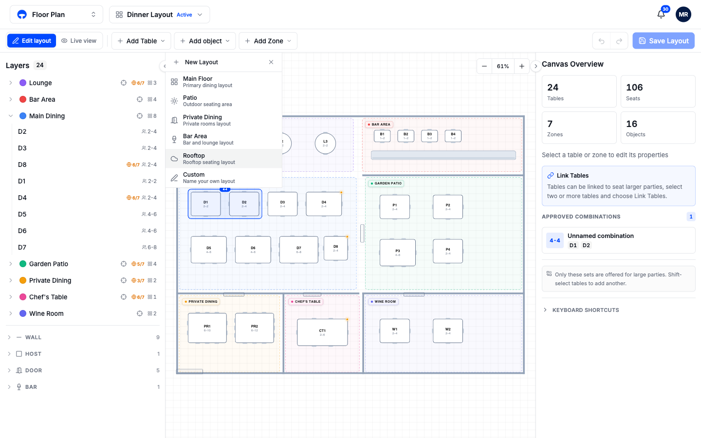 The New Layout menu with five templates and the Custom option