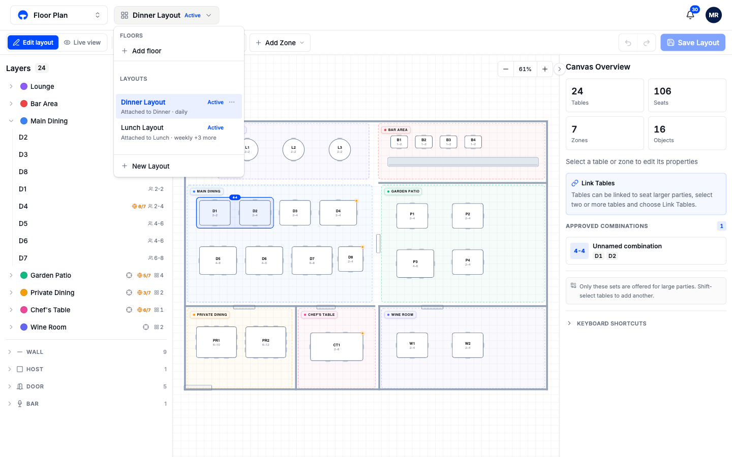 The layout switcher open with two layouts, their attached services, and the New Layout row