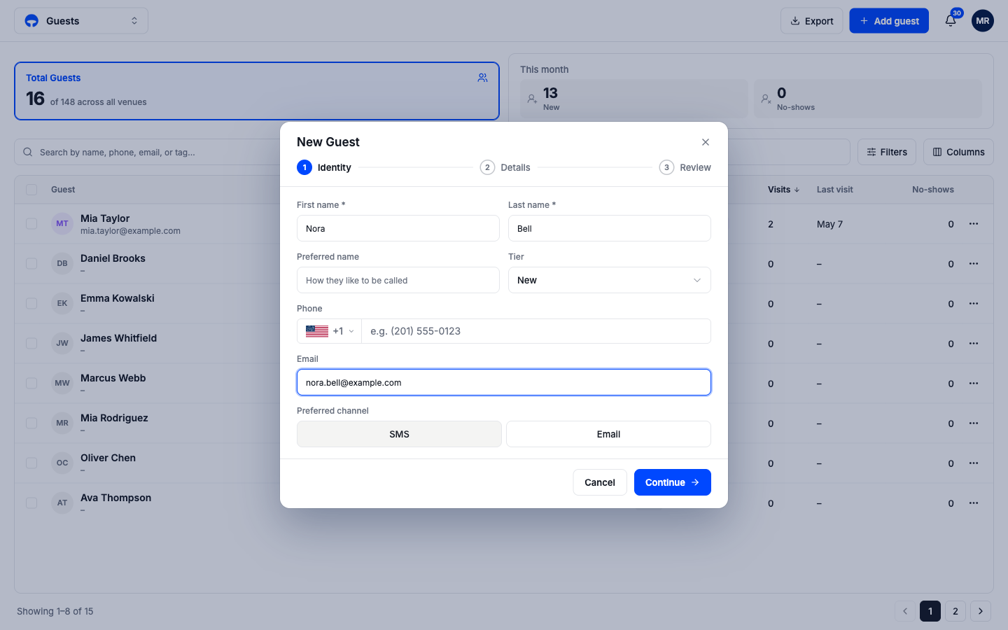 Step 1 with the name and email filled in and SMS as the preferred channel