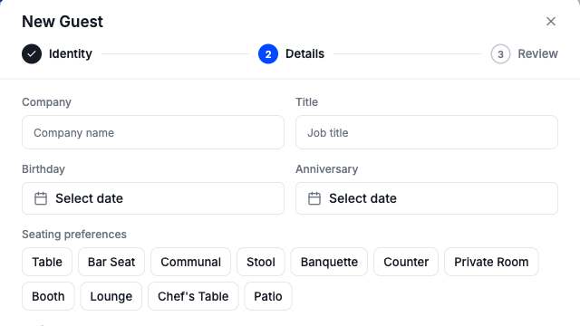 The Details step with birthday, anniversary, and seating preference chips
