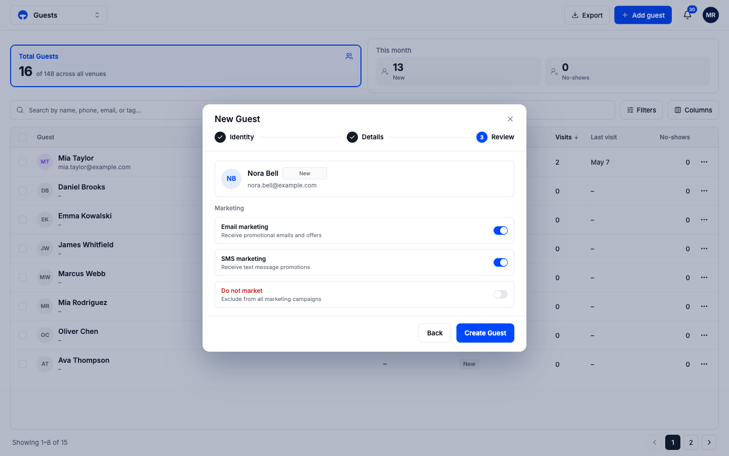 The Review step with the marketing switches and the Create Guest button