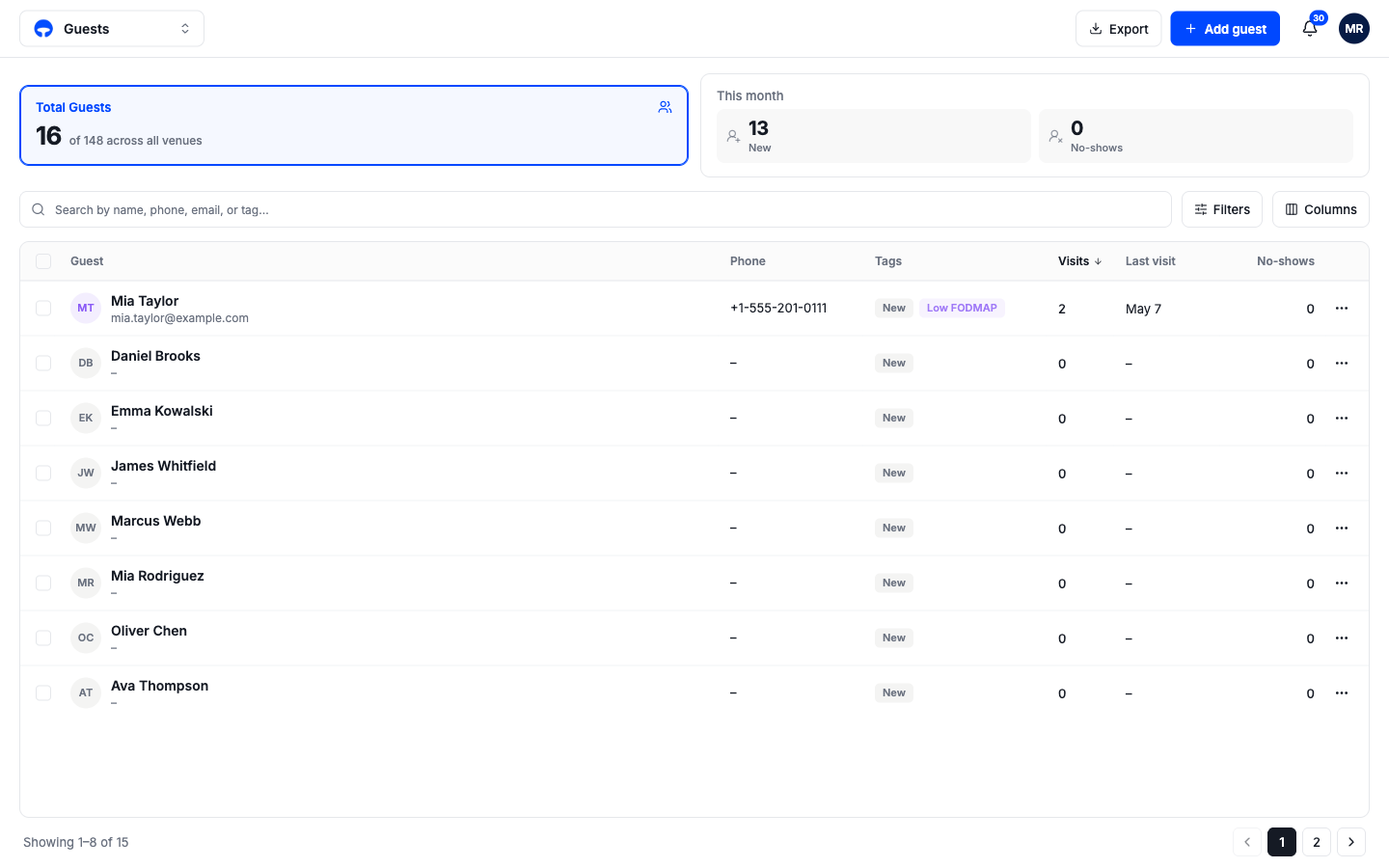 The guest directory with search, stats, and the guest table