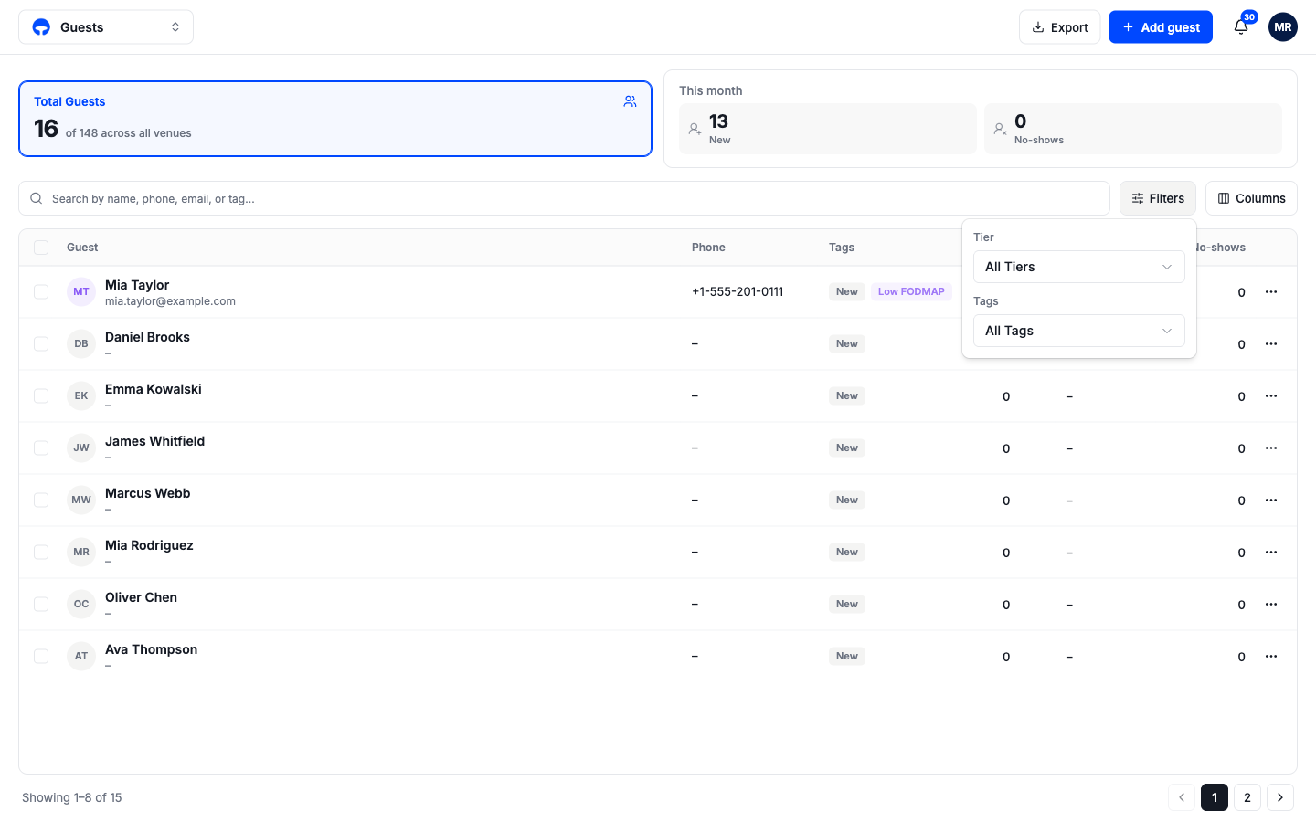 The Filters window with Tier and Tags menus