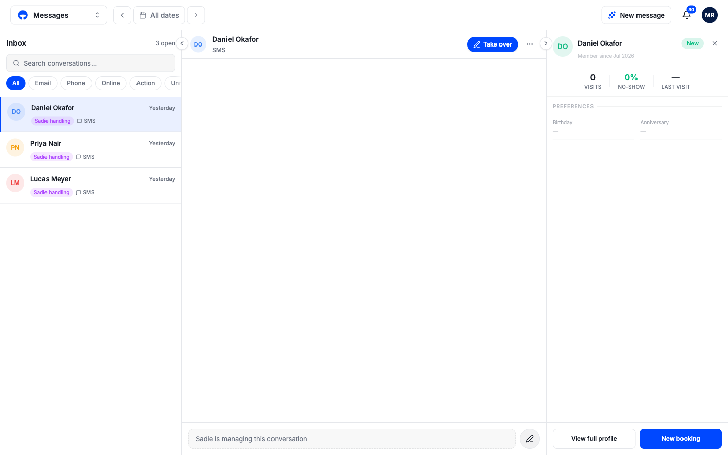 The inbox with three conversations, an open thread, and the guest panel