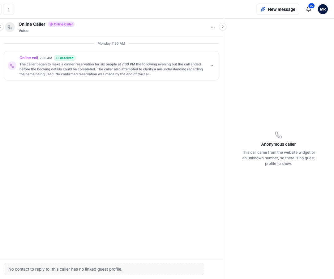A voice call thread with the call summary card marked Resolved
