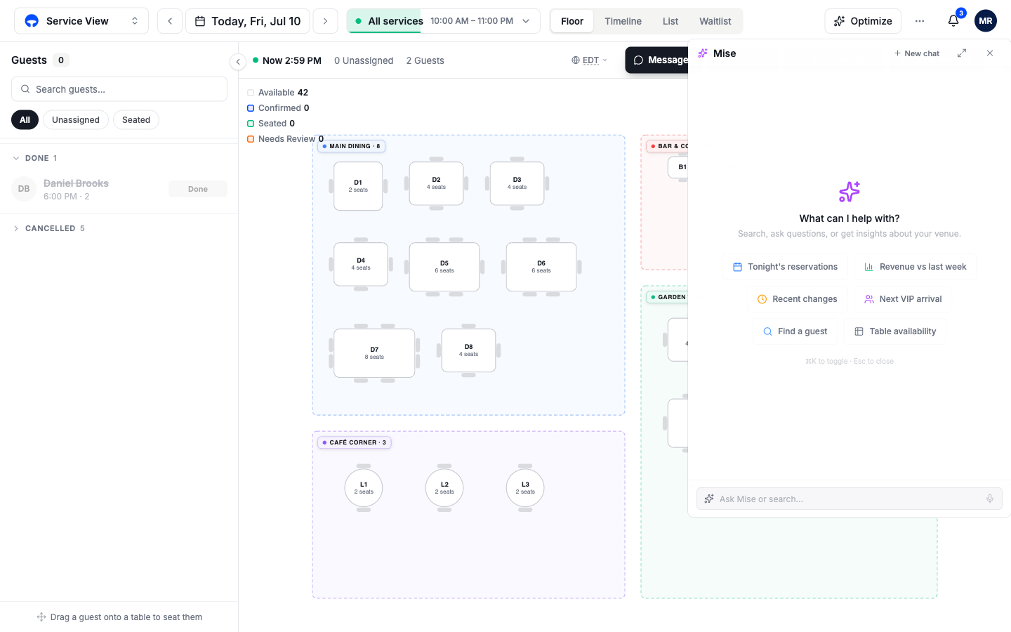 The Mise panel open over the Service view with suggestion chips