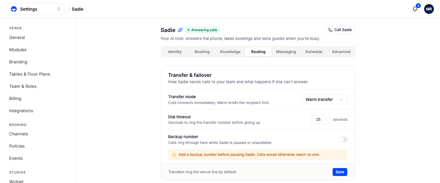 The Routing tab with the transfer mode, dial timeout, and backup number