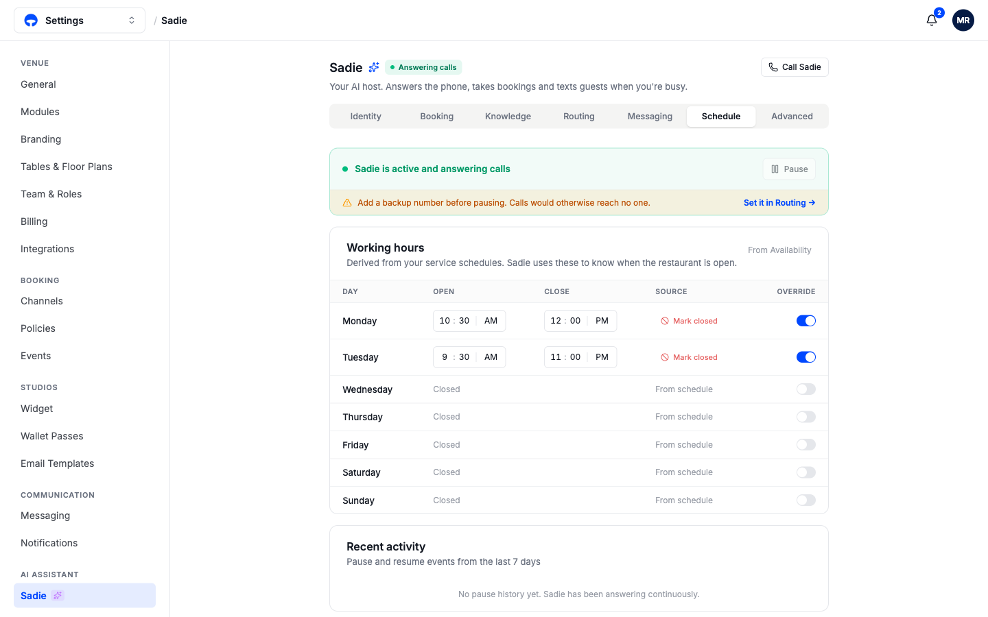 The Schedule tab with the active banner and the working hours table