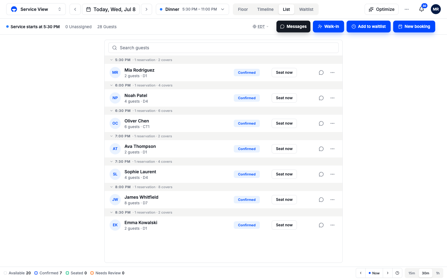 The list grouped by time with confirmed bookings and a Seat now button on each row