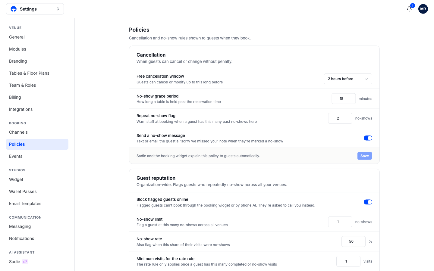 The Policies page with the cancellation card and the guest reputation card