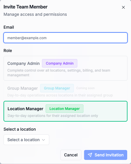 The Invite Team Member window with the email field and the role choices